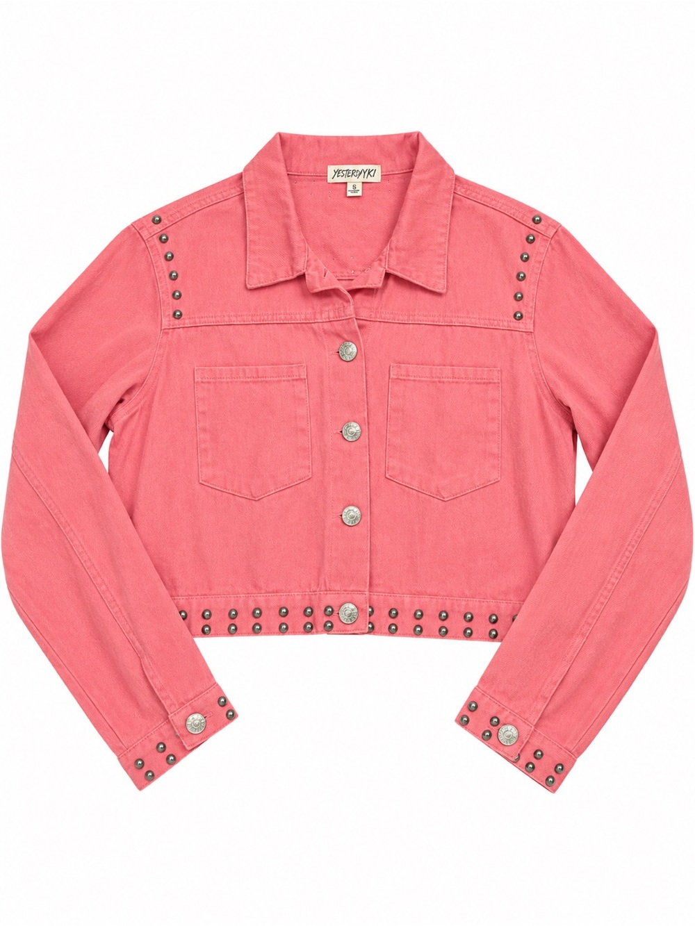Pink Studded Cropped Denim Jacket Women’s Size Small Western Y2K